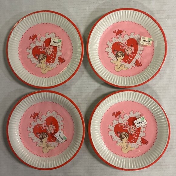 Vintage Reed Valentines Plates 7" Plastic Coated Hearts Baby Shower 8ea Lot Of 4 - Picture 2 of 6